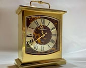 Howard Miller 1970s Brass Mantle Clock Vintage Howard Miller Roman Numerals Faux Tortoise Shell Face Brass Mantle Clock