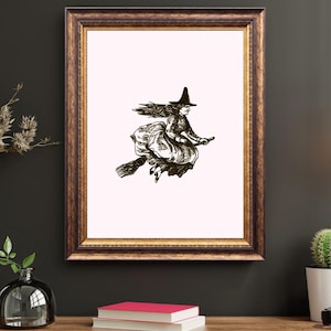 Vintage Flying Witch Illustration | Antique Spooky Print | Halloween Decor | Gothic Wall Art | Instant Download Printable Art