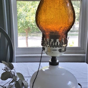 Vintage Milk Glass & Amber Hurricane Lamp | Footed Pull Chain Table Lamp | Vintage Lighting