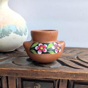 Vintage Hand Painted Terracotta Pot | Mini Clay Flower Vase | Folk Art Pottery Decor | Rustic Floral Mini Vessel | Pottery Bud Vase