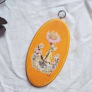 Vintage Floral Bunny Wall Plaque, Oval Wooden Bunny Print, Nursery Decor, Baby Animal Art