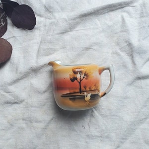 Vintage Porcelain Creamer, Japan Painted Sunset Creamer, Porcelain Coffee Creamer, Swan Creamer, Made in Japan, 1940s Porcelain