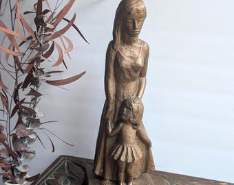 Vintage Leonardo Art Works Plaster Sculpture – Mother & Daughter | Vintage Mother and Child Statue | Mother Child Sculpture