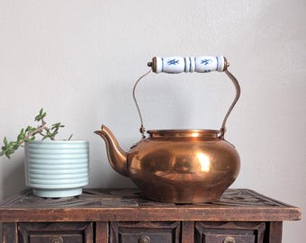 Vintage Copper Teapot with Ceramic Handle, Copper Kettle, European Cottage, Farmhouse Decor, Collectible Kettle