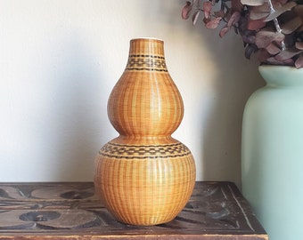 Vintage Bamboo Bud Vase, Woven Bamboo Porcelain Vase, Bamboo Wrapped Vase, Mid Century Asian Decor, Spring Flower Vase