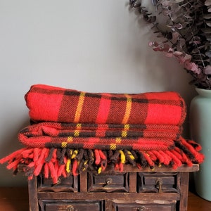 Vintage Faribo Plaid Throw, Tartan Plaid Blanket, Throw Blanket, Faribo Throw with Fringe, Red, Yellow and Black Plaid, Stadium Blanket