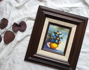 Vintage Floral Painting, Framed Flower Painting, Artist Signed, Painted Board, Dark Wood Frame, Mid Century Floral Painting
