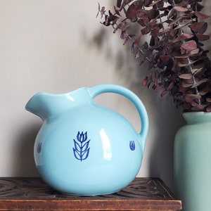 Vintage Blue Cronin Pottery Ball Pitcher, Tulip Pottery Pitcher, Blue Round Pitcher, USA Pottery Pitcher, Summer Pitcher