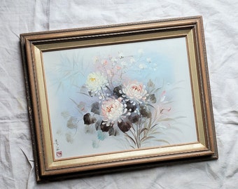 Pintura floral original vintage, obra de arte floral, firmada por el artista, pintura al óleo acrílica, pintura de flores