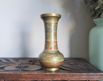 Handcrafted in India by Archana Handicrafts Pair of Vintage Hand Etched Solid Brass Indian Vases