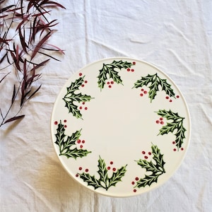 Vintage Italian Holly Leaf Ceramic Cake Stand | Hand Painted Holly & Berries ARM Mark | Holiday Dessert Pedestal Plate