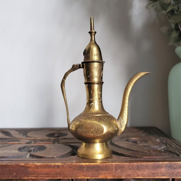 Vintage Etched Brass Teapot, Brass Genie Bottle, Mid-Century Etched Brass Watering Pot, Etched Brass Vase, Made in India