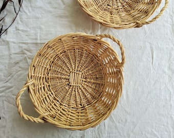 Vintage Wicker Storage Basket, Woven Cane Basket with Handle, Flat Basket, Boho Decor, Coastal Style, Toy Storage