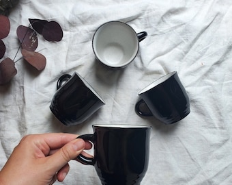 Vintage Noritake Folkstone svart stengods muggset, spräcklig insida, tillverkad i Japan