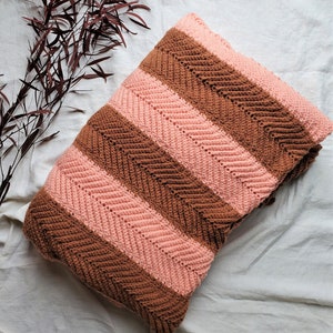 Vintage Knit Striped Afghan, Brown and Pink Handmade Afghan, Crocheted Afghan, Vintage Blanket, Winter Blanket