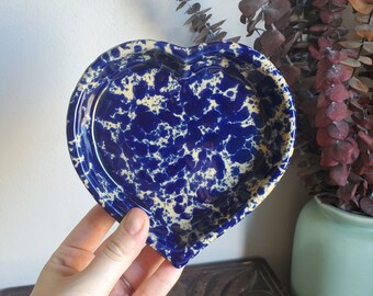 Vintage Bennington Pottery Heart Baker, Agate Blue Heart Dish, Heart Shaped Pottery, Spongeware Heart Dish