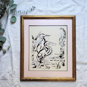Vintage Heron Print | Gold Frame, Pink Mat | Coastal Wall Art