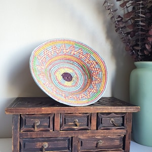 Vintage Woven Coil Basket, Colored Coiled Basket, Boho Basket, Fruit Basket, Colored Basket