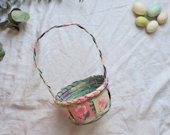 Vintage Wicker Floral Easter Basket, Children's Easter Basket, Painted Flower Basket, Basket with Handle, Vintage Round Basket,