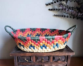 Vintage Woven Storage Basket, Woven Coil Basket with Handle, Boho Decor, Large Coil Basket, Large Colored Basket