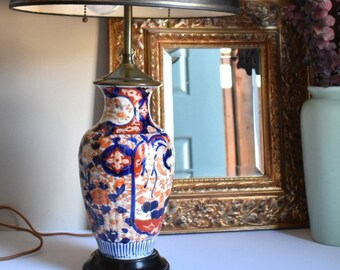 Vintage Japanese Imari Lamp, Large Japanese Porcelain Lamp, Asian Table Lamp, Imari Porcelain Lamp with Shade