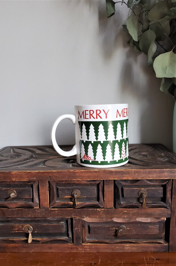Vintage Merry Christmas Mug, Christmas Tree Mug, Christmas Coffee Mugs, Holiday Glassware, Made in Japan