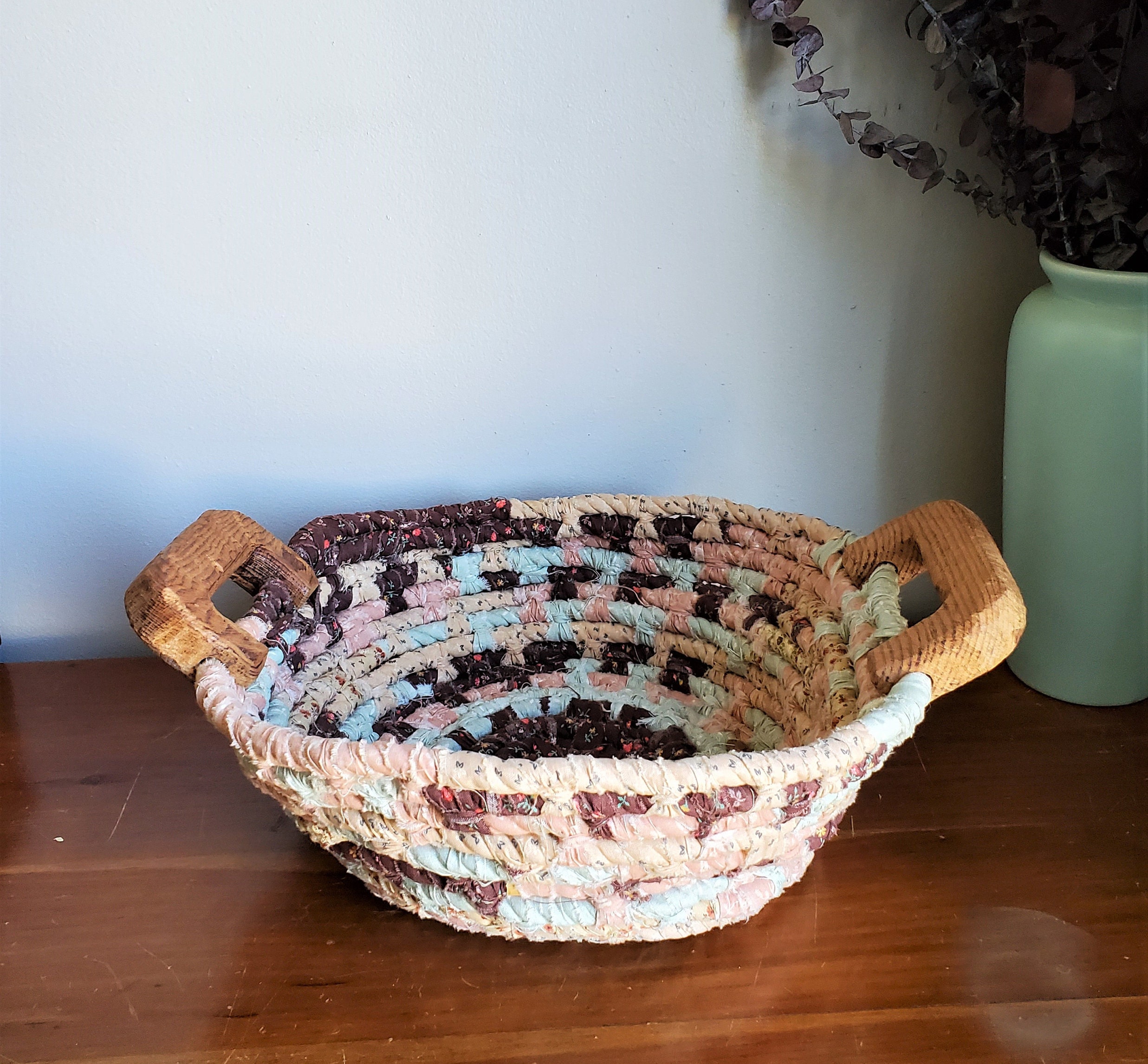 Vintage Woven Rag Handmade Basket Woven Rag Basket With Etsy