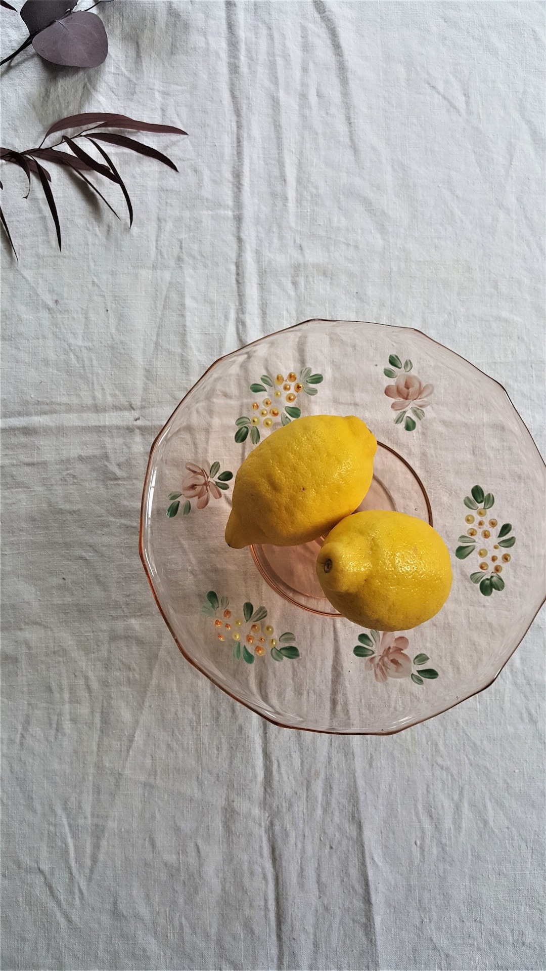Vintage Pink Glass Cake Stand, Painted Glass Cake Plate, Handpainted