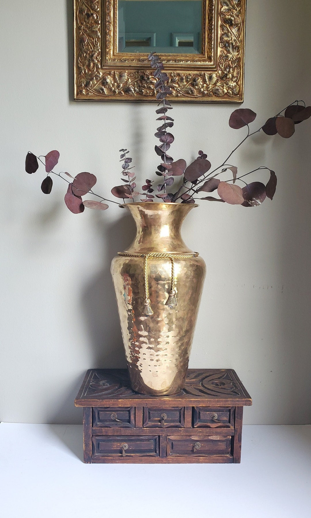 Vintage Hammered Brass Vase Large Brass Vase With Rope Etsy