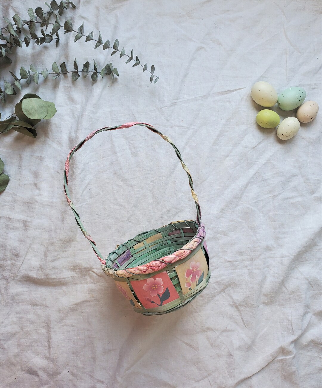 Vintage Wicker Easter Basket Painted Flower Basket Basket Etsy
