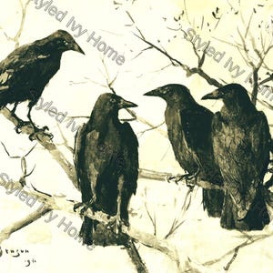Vintage Crows Print | Halloween Wall Art | Fall Printable | Gothic Crow Illustration | Raven Decor | Dark Academia Art