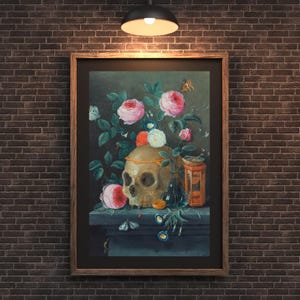 Impresión digital de naturaleza muerta de Vanitas / Arte de calaveras y rosas de Jan van Kessel / Arte mural gótico de Memento Mori / Descarga de Dark Academia