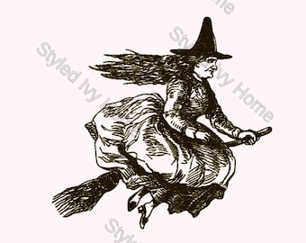 Vintage Flying Witch Illustration | Antique Spooky Print | Halloween Decor | Gothic Wall Art | Instant Download Printable Art
