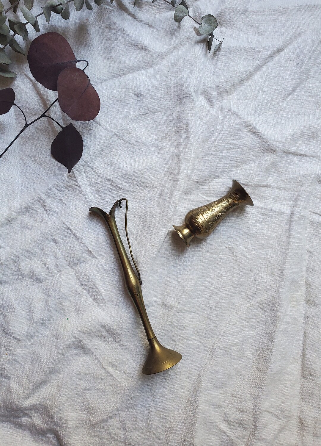 Vintage Mismatched Brass Vase Pair Etched Brass Vases Brass Etsy