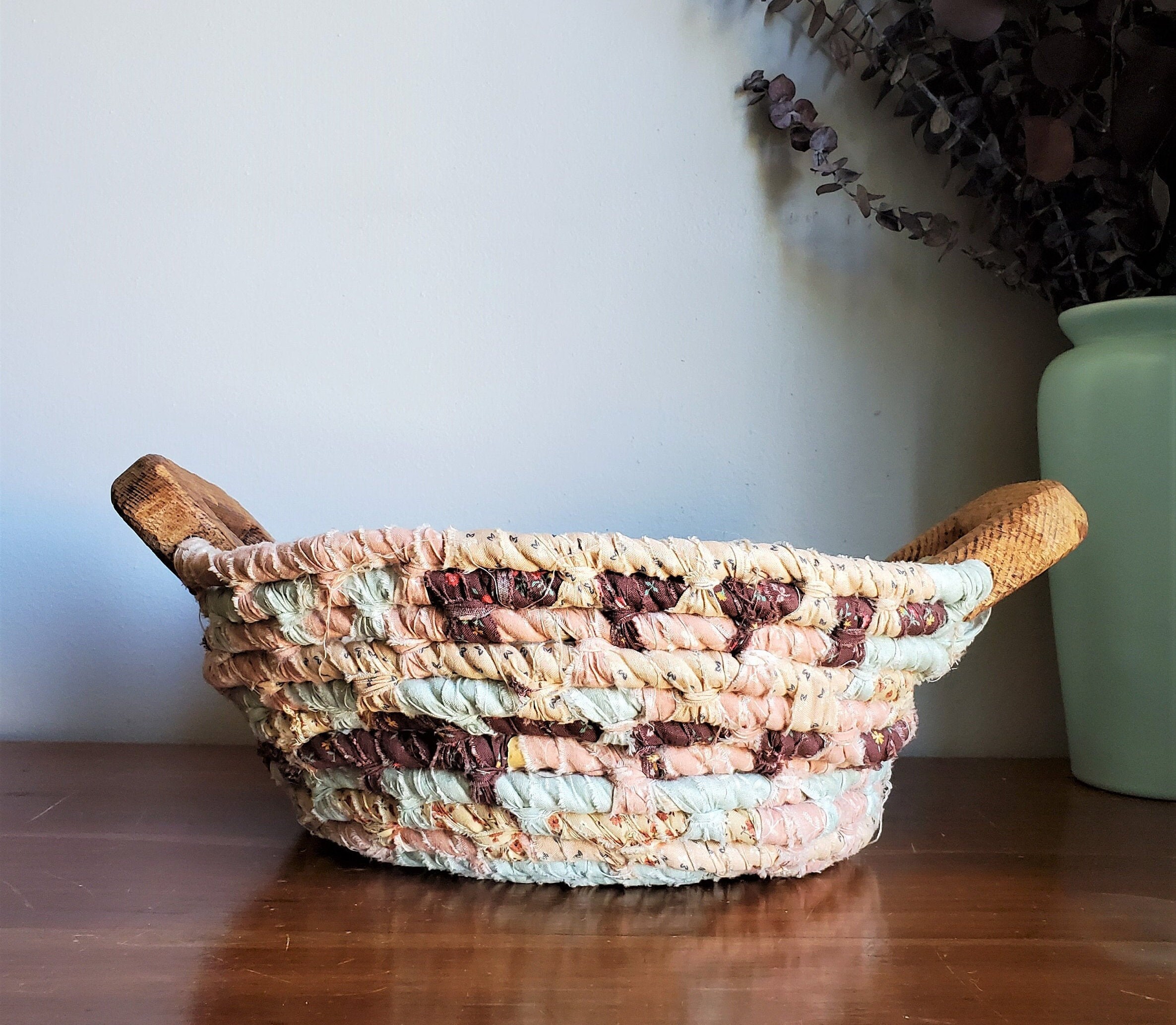 Vintage Woven Rag Handmade Basket Woven Rag Basket With Etsy