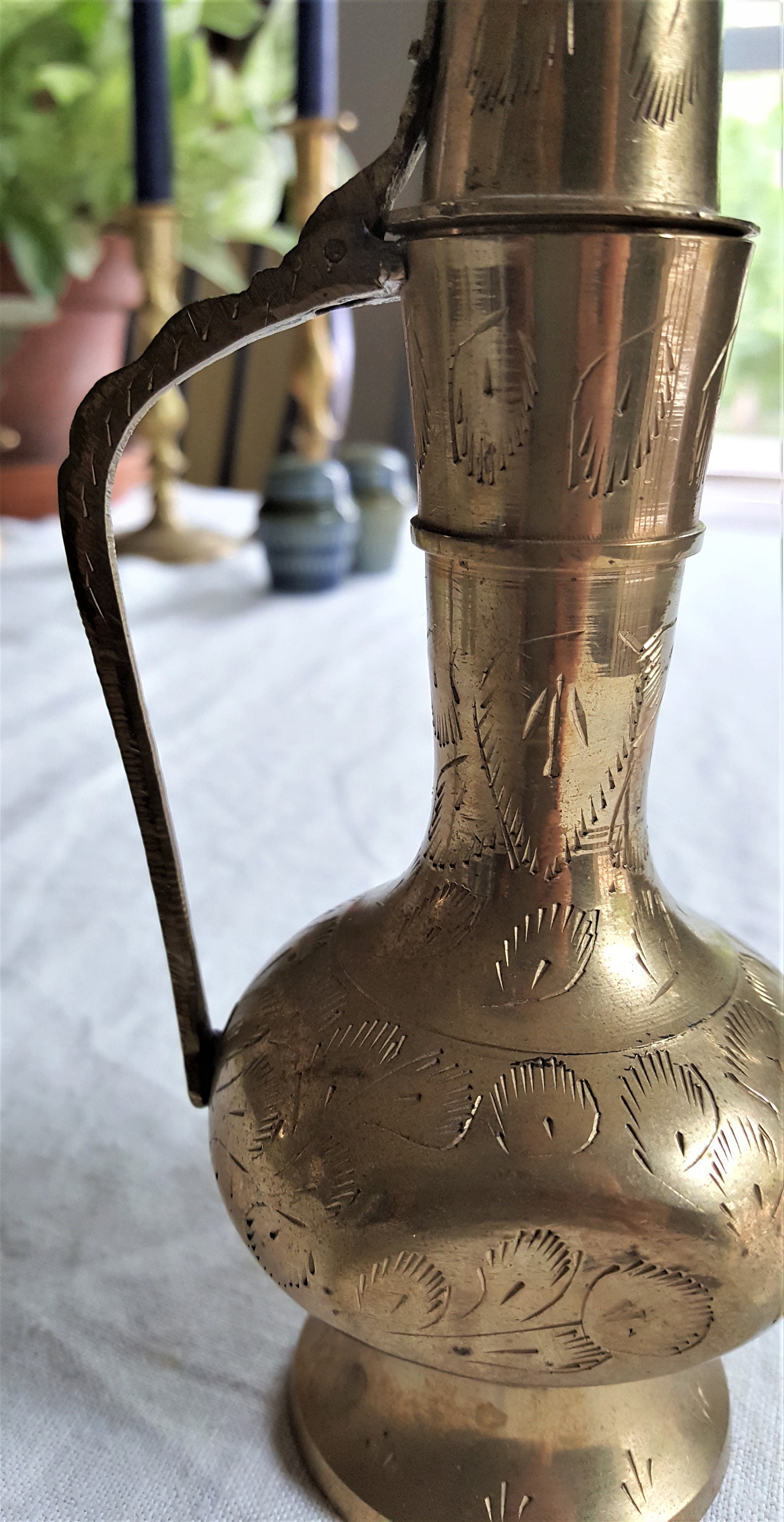 Vintage Etched Brass Teapot Brass Genie Bottle Midcentury Etsy