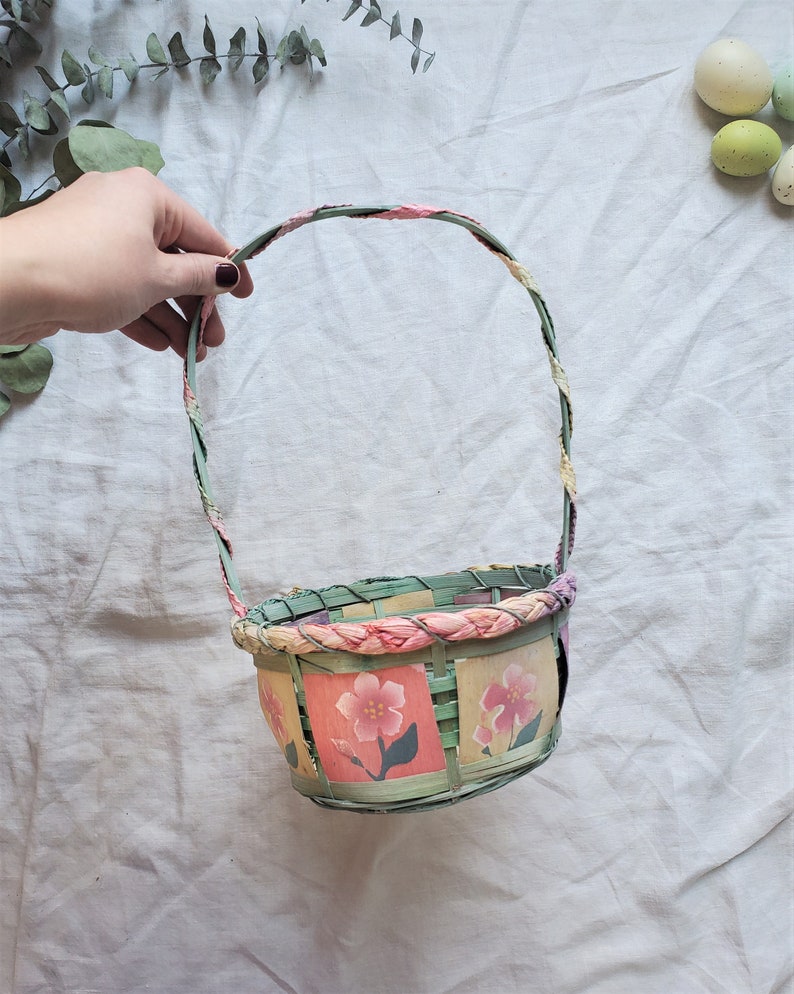 Vintage Wicker Easter Basket Painted Flower Basket Basket Etsy
