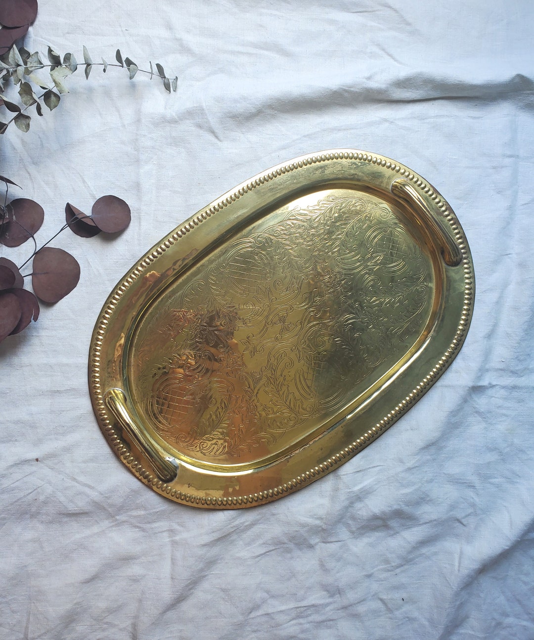 Vintage Etched Brass Tray Large Brass Tray Brass Vanity Etsy
