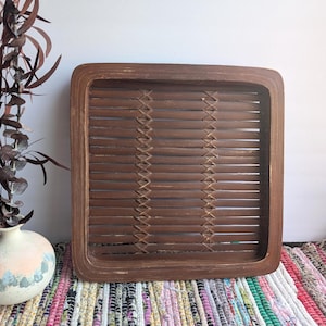 Vintage Wooden Square Tray | Handcrafted Woven Wood Design | Rustic Serving or Decorative Tray