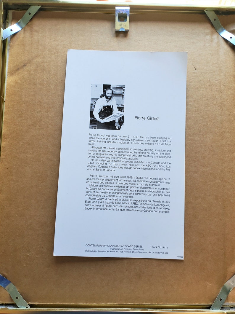 May include: A black and white photo of Pierre Girard, a Canadian artist, with a biography of his life and work. The text mentions that he is a self-taught artist who has been studying art since the age of 11. He is known for his serigraphs and has participated in exhibitions in Canada and the USA.