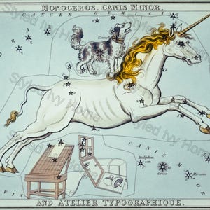 May include: Vintage illustration of a unicorn with a dog on its back, set against a light blue background with star constellations. The artwork includes the text "MONOCEROS, CANIS MINOR, AND ATELIER TYPOGRAPHIQUE."