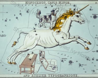 Vintage Einhorn Konstellation Sternkarte | Monoceros & Canis Minor | Antike Astronomie Digitaler Download | Himmlische Wandkunst zum Ausdrucken