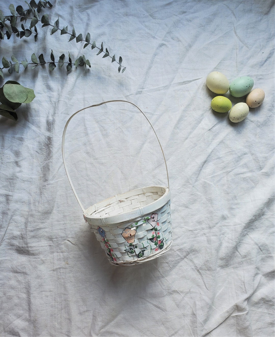 Vintage White Wicker Easter Basket, White Woven Basket, Basket With