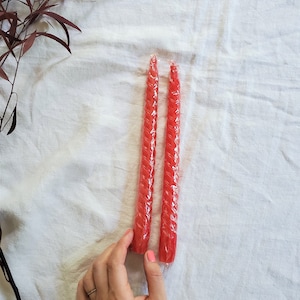 Vintage Red Spiral Candlesticks, Pair of Red Taper Candlesticks, Twisted Candles, Christmas Candles