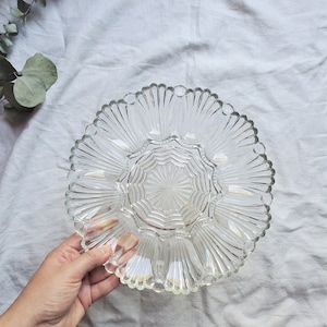Vintage Scalloped Crystal Glass Tray, Art Deco Cut Glass Egg Plate, Clear Glass Trinket Dish, Crystal Appetizer Plate