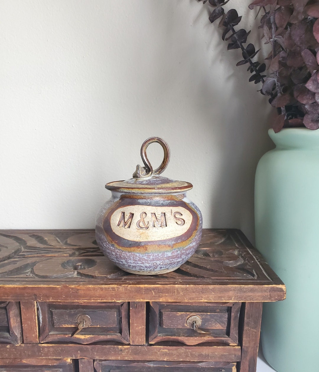 Vintage Pottery M&M Jar, Candy Jar, Pottery Candy Crock, Stoneware