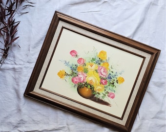 Vintage Framed Original Floral Painting, Floral Artwork, Artist Signed, Acrylic Oil Painting, Flower Painting