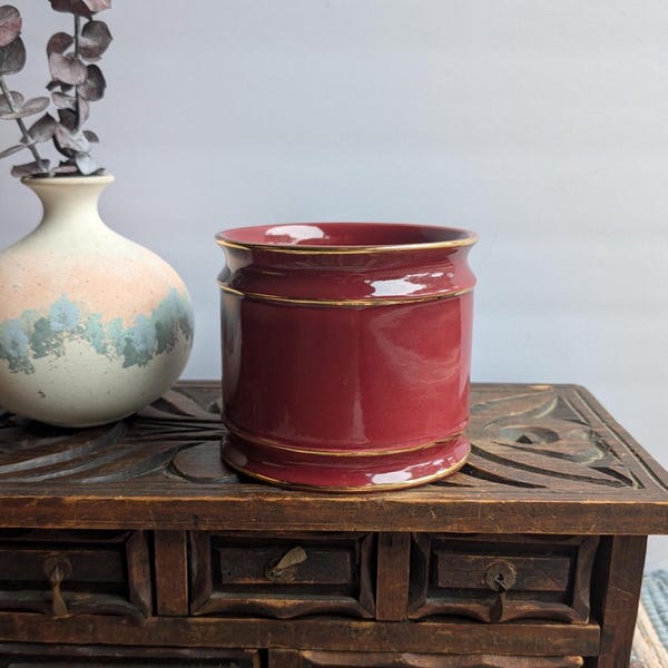 Vintage Ceramic Planter with Gold Trim | Hollywood Regency Cachepot | Candle Holder or Vanity Jar