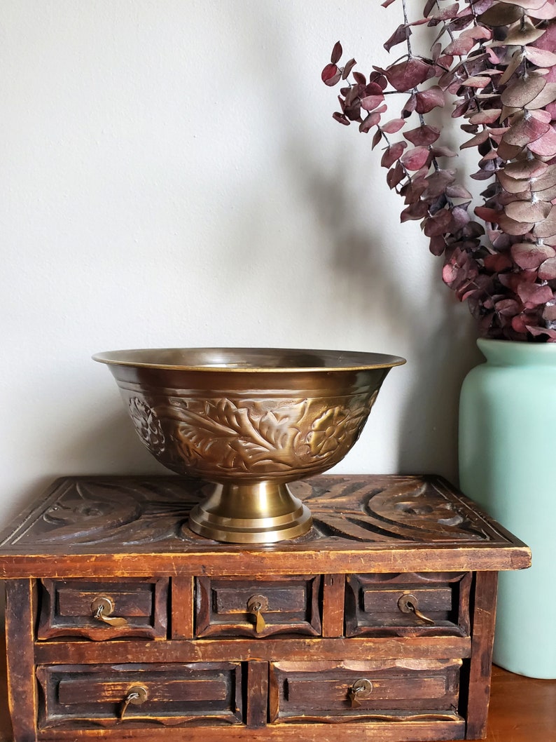 Vintage Embossed Brass Footed Bowl Brass Pedestal Bowl Brass Etsy