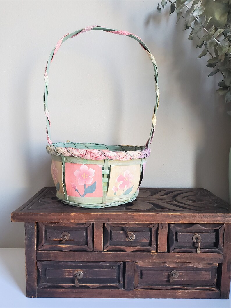 Vintage Wicker Easter Basket Painted Flower Basket Basket Etsy